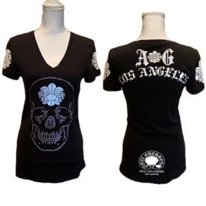 A&G Amal Guessous Crystal Skull Tee Shirt V-Neck Top